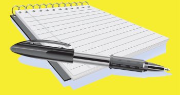 Illustration of a white notepad with a black ballpoint pen laying across part of it.